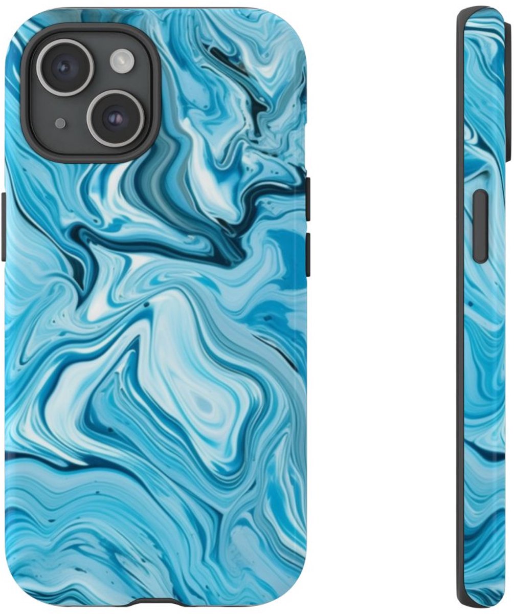 Blauw-Witte Marmeren Swirl Abstract – Telefoonhoesje Geschikt voor iPhone 15