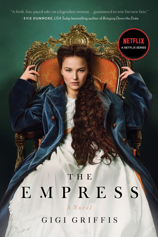 De omslag van 'The Empress' toont een jonge vrouw met donker haar in een gouden stoel, gekleed in een blauw fluwelen jas en witte jurk.