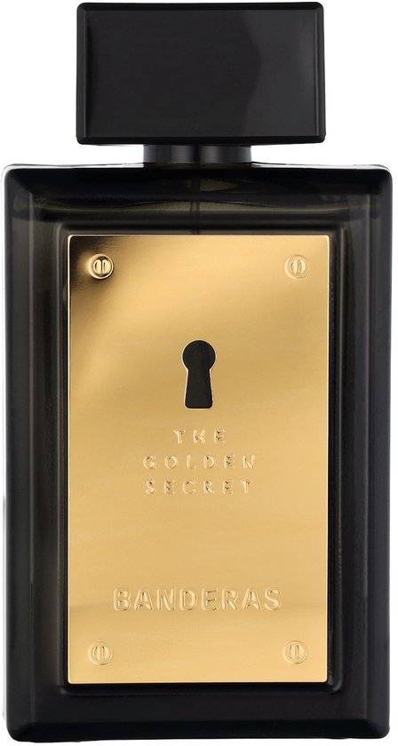 Zwarte parfumfles met goudkleurig label met sleutelgat en "THE GOLDEN SECRET" en "BANDERAS".