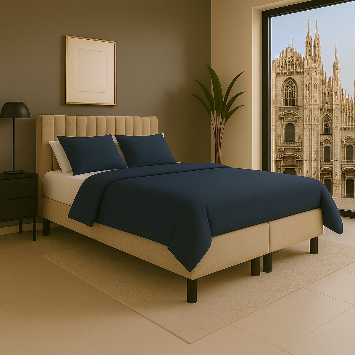 Boxspring vlak Milano 180x210 cm Luxe Pocketvering Stof beige Gratis 2x Hoofdkussens