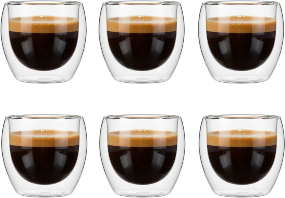 Bol.com Betrahan Handgeblazen Dubbelwandige Glazen - 80ML Set van 6 - Espressoglazen - Koffieglas - Shotglas aanbieding