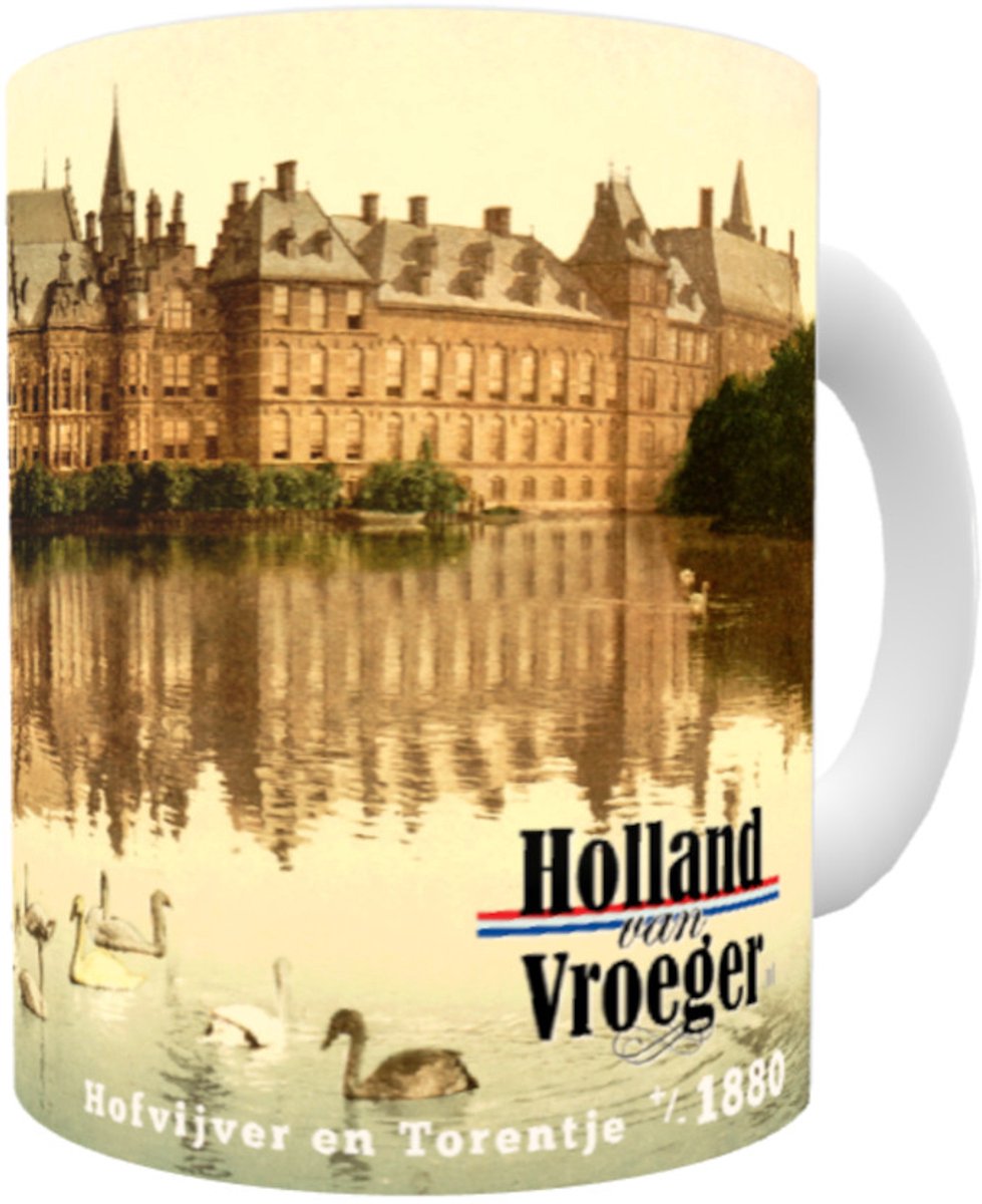 Oud Stadsgezicht Den Haag - Hofvijver met Zwanen Binnenhof Buitenhof en Torentje - Oude Holland van Vroeger Antieke Foto Print op Mok 330 ml