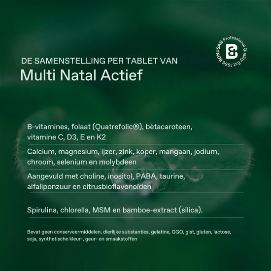 Tekst met ingrediënten van Bonusan Multi Natal Actief, zoals B-vitamines, folaat, bèta-caroteen, spirulina en chlorella.