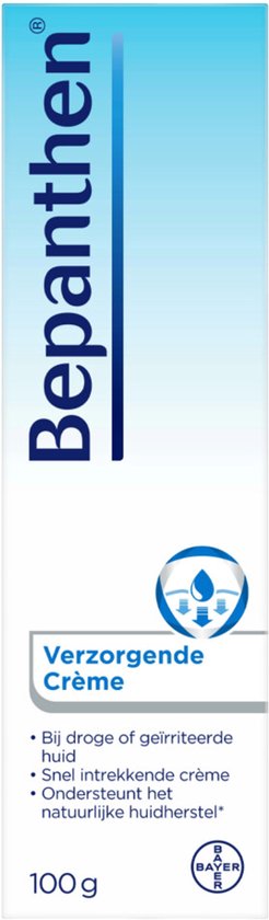 Doos Bepanthen Verzorgende Crème, 100g, wit met blauwe opdruk.