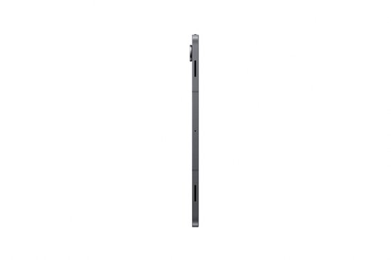 Zijaanzicht van grijze Samsung Galaxy Tab S11 5G met camera, op witte achtergrond.