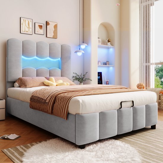 Gestoffeerd Bed 140x200cm In Fluweel Zonder Hoofdbord - Met Lades En Lattenbodem Grijs Gestoffeerd Bed 140x200cm In Fluweel Zonder Hoofdbord - Met Lades En Lattenbodem Grijs