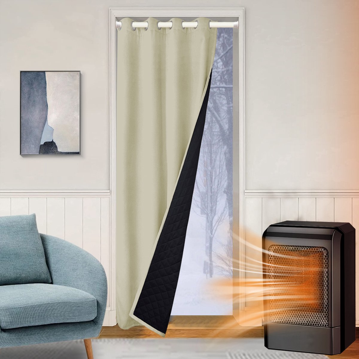 Qelus Verduisterende Gordijnen Kant en Klaar met Ringen - 132x203 cm - Isolerend, Waterdicht & Winddicht - 405gsm Blackout Gordijn voor Deur - Thermisch Deurgordijn - Beige