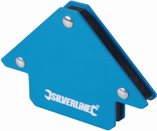 Blauwe lasmagneet in pijlvorm met zilverkleurige klinknagels en merknaam. Biedt 90 graden hoek.