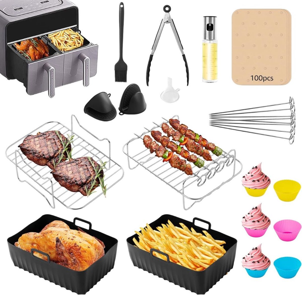 CLVP® Airfryer Accessoires - Bakpapier - Siliconen Bakje - Mand - Spatels - Oven Rek