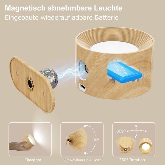 Nachtlampje - Wandlamp binnen - Oplaadbare wandlamp - Nachtlampje kinderen - Wandlamp met batterij 1 stuk - Touch control 3 helderheidsniveaus - 360° draaibaar - Voor woonkamer-Slaapkamer-Trap - Houtnerf van Merkloos — afbeelding 4