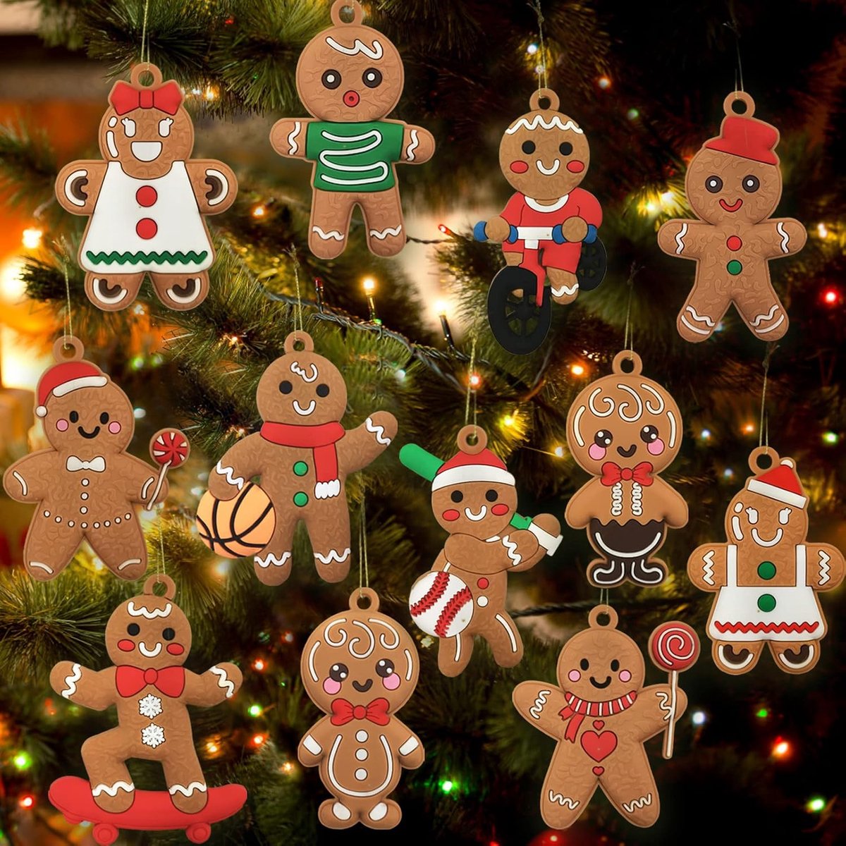 Daity 12-pack - Kerstboomversieringen in de vorm van een peperkoekmannetje, diverse kerstversieringen in de vorm van een peperkoekmannetje, kerstboomversieringen veelkleurig-1