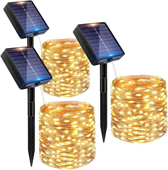 Foto: Set van 3 solar slinger verlichting 12 meter 120 led warm wit 8 lichtmodi tuin balkon feest bruiloft ip65 waterdicht weerbestendig koper draad energieklasse a 