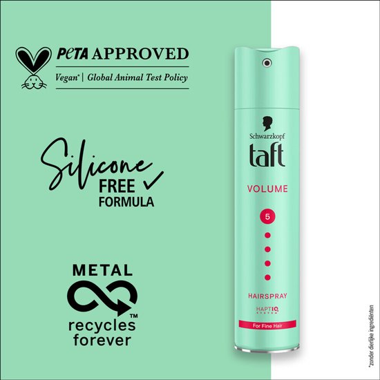 Mintgroene spuitbus Taft Volume haarspray met PETA Approved Vegan logo.