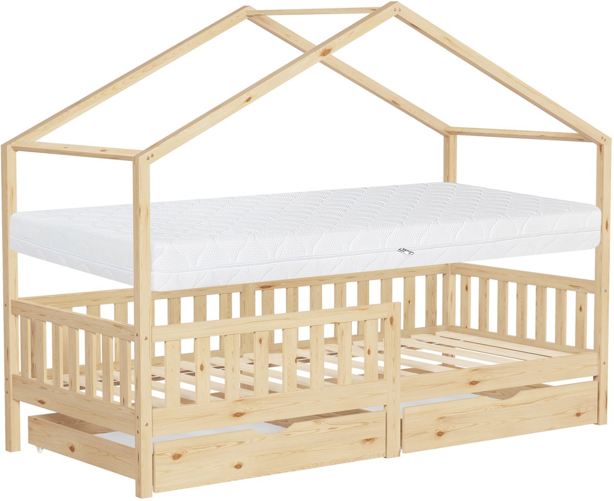 ml-design kinderbed huisbed 90x200 cm naturel met matras H:16 cm houten bed met 2 lades valbeveiliging Montessori speelbed van grenenhout juniorbed kinderkamer meisjes jongens houten kinderhuisbed vloerbed slaapbed Beige