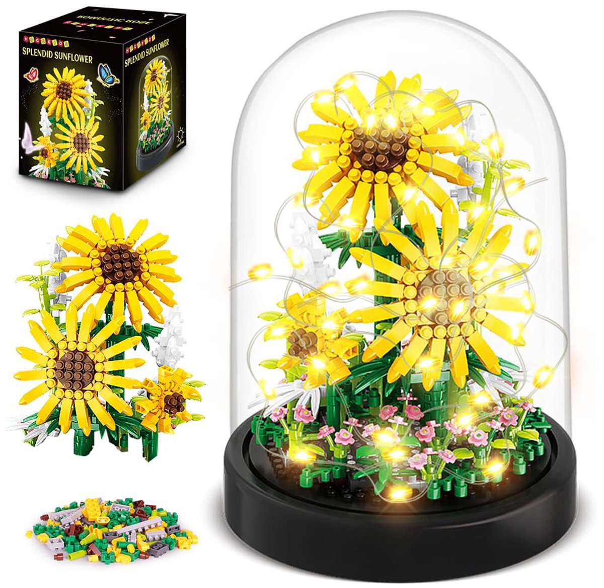 HOGOKIDS Bloemboeket zonnebloemen Bouwpakket – LED verlichting bouwset - 596 stuks Bonsai Boom - Deksel Botanische Decoratie - Mini Bouwpakketten Volwassen Vriendin Vrouw