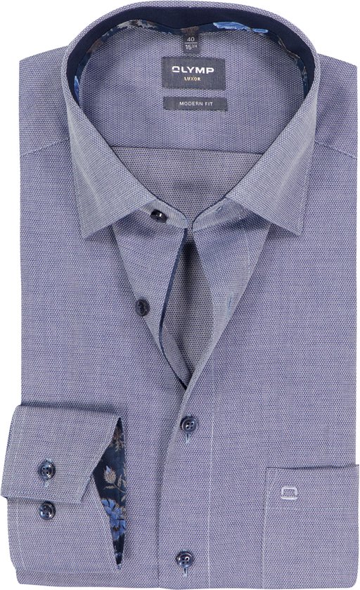 OLYMP Luxor modern fit overhemd - structuur - marine blauw met wit - Strijkvrij - Boordmaat: 44