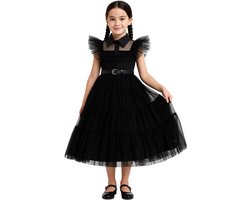 Joya Kids® Gotische Verkleed Jurk Kind | Halloween Verkleedjurk Meisje | Zwarte Tule Jurk met Riem | Gothic Verkleedkleding Kind | Horror Films Kostuum | Family Kostuum | Maat 130