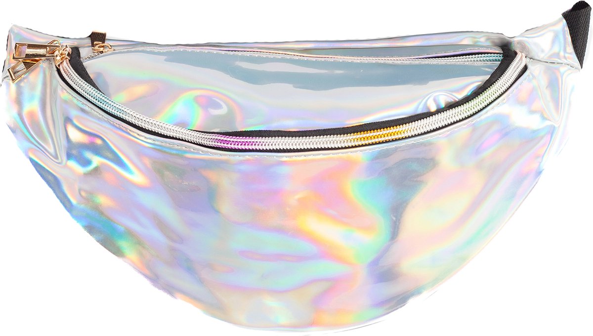 KIMU® Grote Iridescent Heuptas Zilver Holografisch - Heuptasje Fanny Pack Pvc Zilveren Tas Regenboog Tasje Glitter Metallic Glanzend Cyber Festival