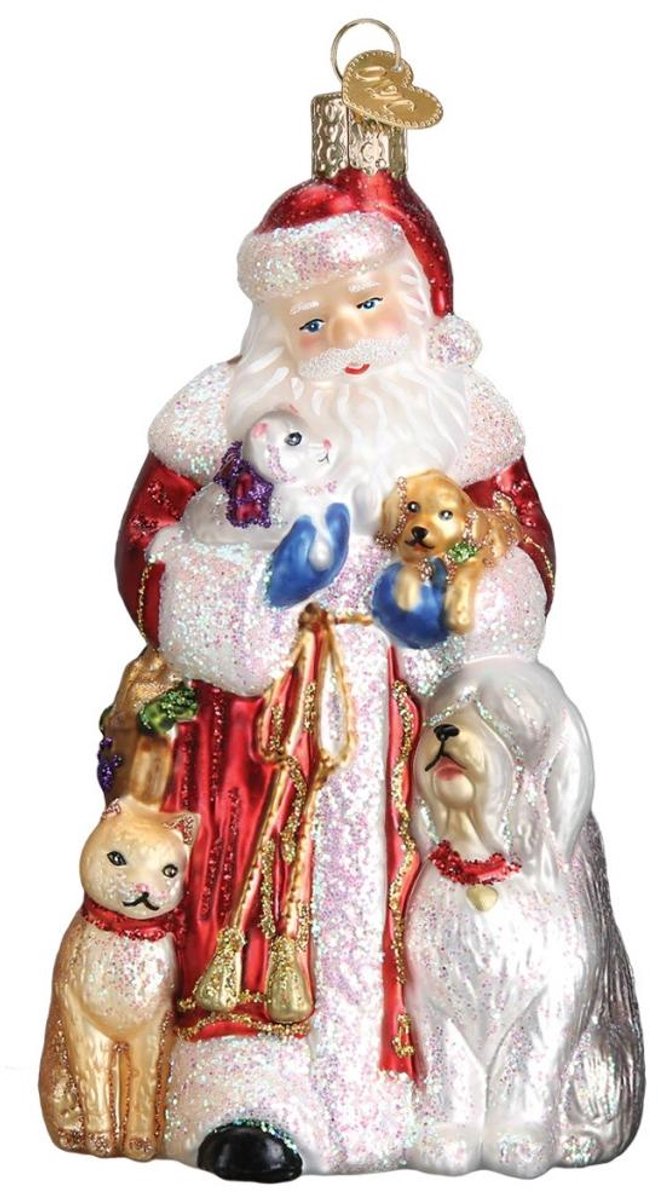 Handgemaakt glazen kerstbal van Kerstman en dierenvriendjes - Old World Christmas, perfect voor de feestdagen.