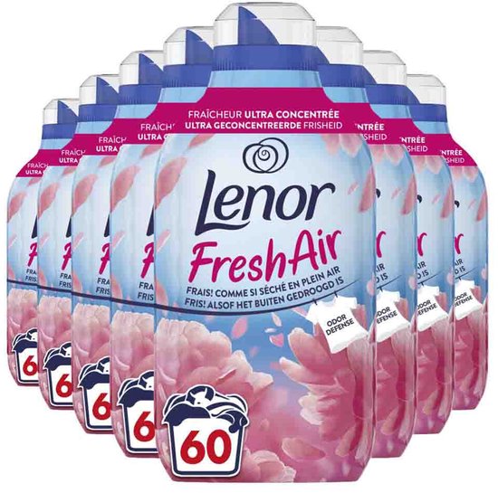 Assouplissant Lenor Fresh Air ultra concentré, 8 bouteilles de 60 lavages, avec des fleurs roses et un fond bleu.