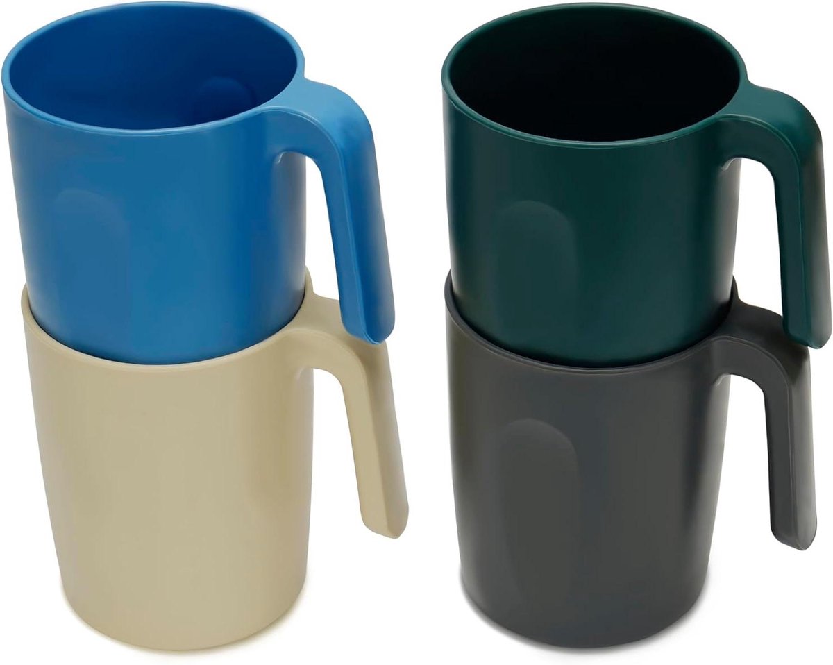 Image of 4 herbruikbare plastic drinkbekers met handvatten - onbreekbare tumblers - BPA-vrij - reisbekers voor water & warme/koude dranken - magnetron/vaatwasser veilige kampeer bekers