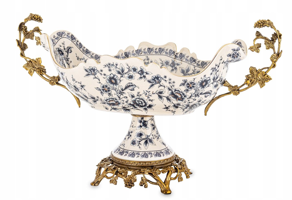 Paleisachtige schaal, retro keramiek, wit, blauw, goud