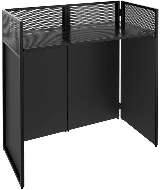 Zwarte DJ booth met metalen rooster bovenkant en deuren aan de voorkant.