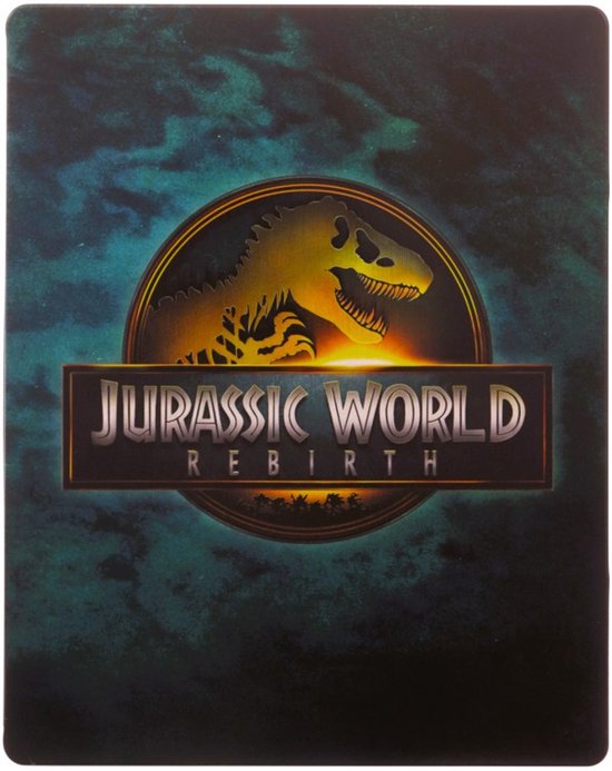 Jurassic World: Rebirth logo met T-Rex silhouet op een blauwgroene achtergrond.