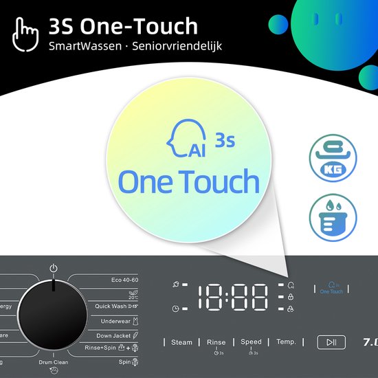 CHiQ CW07123863AX - Wasmachine - 7 KG - Space Pro - 16 programma's - AI Smart - Stoomwassen & Quick Wash - 12 jaar garantie op motor - Energieklasse A - 2025 Nieuw