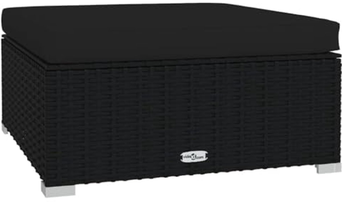 Voetsteun met Kussen 70x70x30 cm Poly Rattan Zwart - Tuin Ottoman, Hocker, Pouf