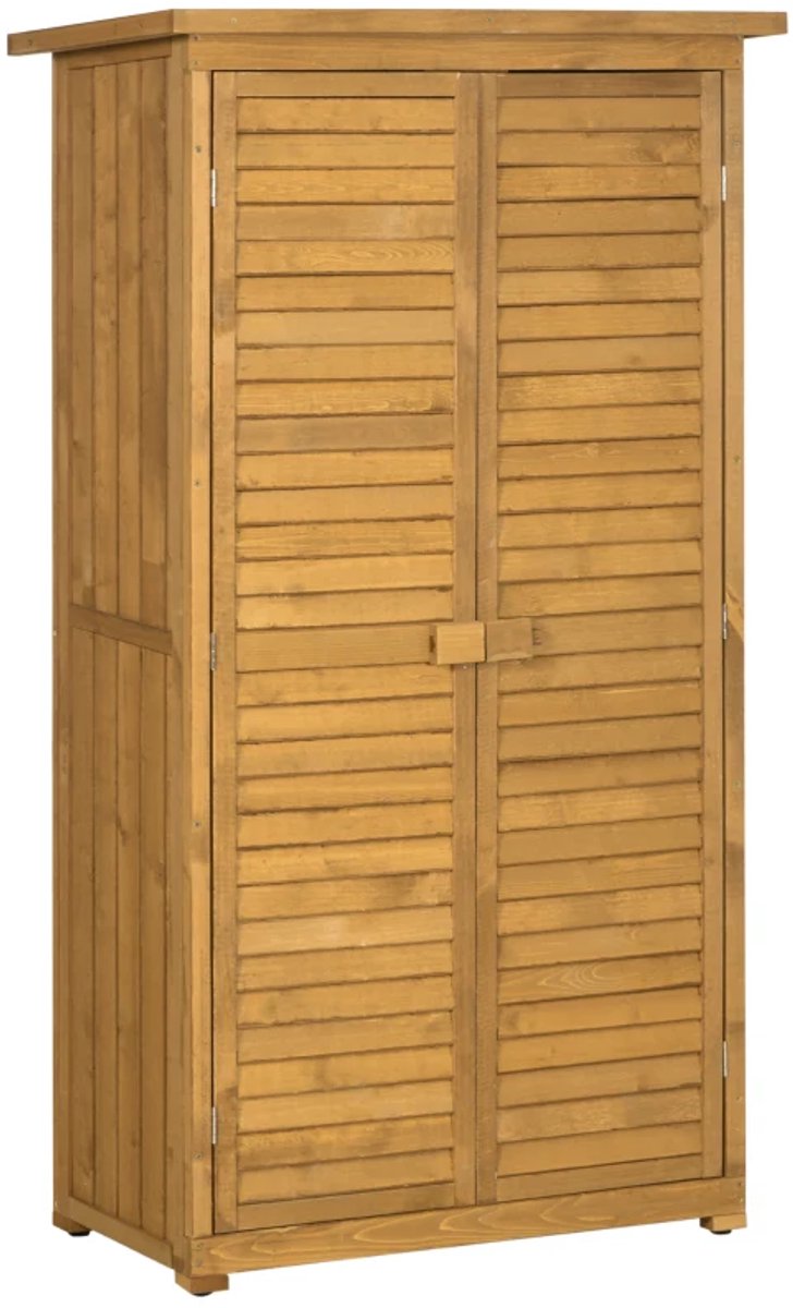 Houten Tuinschuur - 87x46,5x160 cm - Tuinhuis - Tuinkast - met 3 Planken & Jaloeziedeuren - Gereedschapsschuur - Opslagruimte Tuin - Tuingereedschap Bewaren - Weerbestendig - Dennenhout - Bruin
