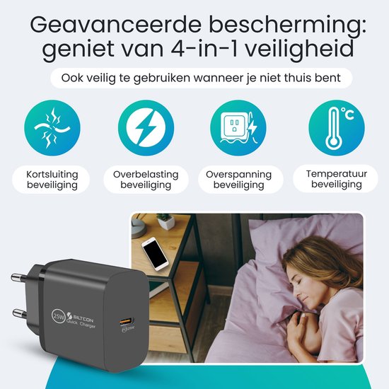 Adaptateur USB C Siltcon® 25 W - Chargeur rapide USB C - Chargeur USB C - Convient pour chargeur Samsung - Universel, entre autres Téléphones et Tablettes - Câble USB-C de 2 mètres inclus