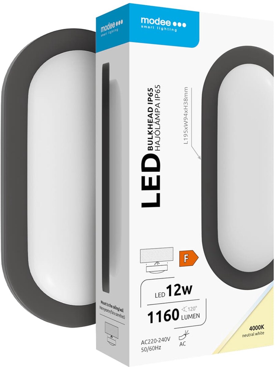 Modee Led Bulkhead Wandlamp 12W - IP65 - 19.5x94cm - Neutraal Wit - Wand-/Plafondlamp - Ovaal - Zwart