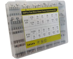 Glaszekeringen set 360 stuks F(snel) - 180x 5x20mm 0.5/20A - 180x 6x30mm 0.63A/25A - Assortimentdoos