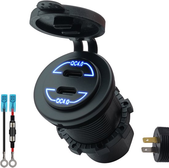 Zwarte ProRide 12V USB-lader met gesloten klepje en twee blauwe QC4.0 poorten. Inclusief aansluitkabel en stekker.