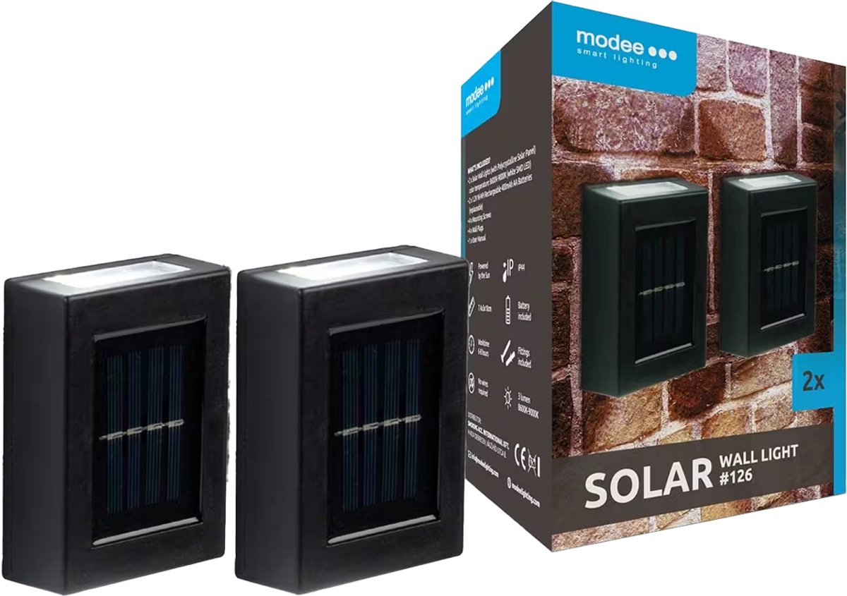 Modee Solar Buitenlamp LED - Wandlamp op Zonne Energie - IP44 - 7.4x10cm - Daglicht Wit - 2x set van 2
