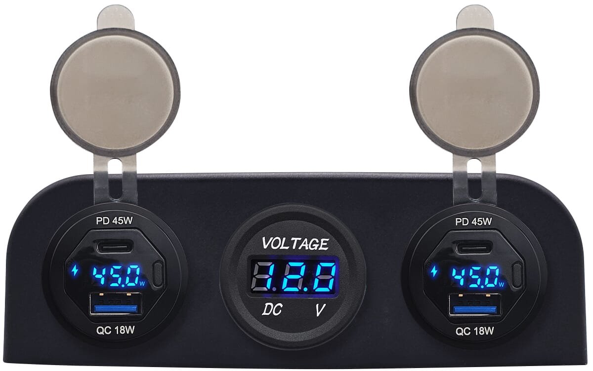 ProRide 12V USB Autolader 3 Poorten - 45W/QC3.0 - P19181 - Drievoudig opbouw paneel met Voltmeter