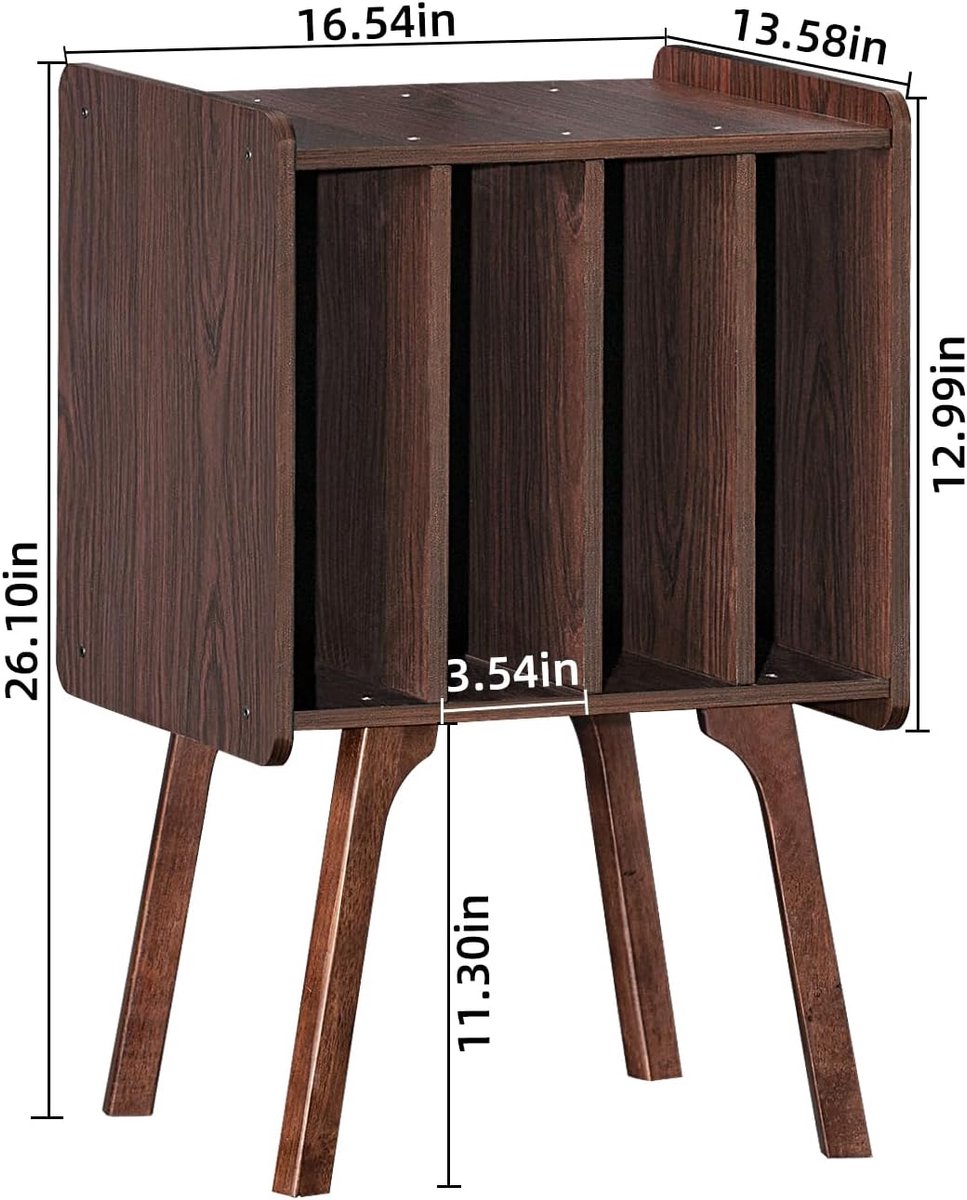 LELELINKY Kleine platenspelerstandaard - breedte 29,7 cm, walnoot vinyl platenopbergtafel met 4 kasten tot 80 albums, vinylhouder met houten poten, draaitafelstandaard displayplank voor slaapkamer