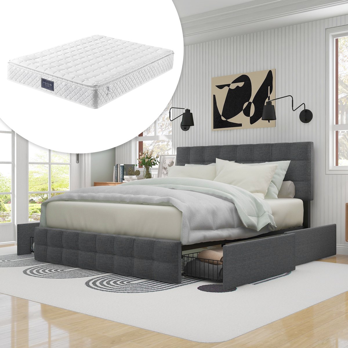 Gestoffeerd bed met 4 lades en binnenveringmatras - tweepersoonsbed met lattenbodem - in hoogte verstelbaar hoofdeinde en vierkant stikselontwerp - metalen lattenbodem - linnen materiaal (140*200 cm, grijs)