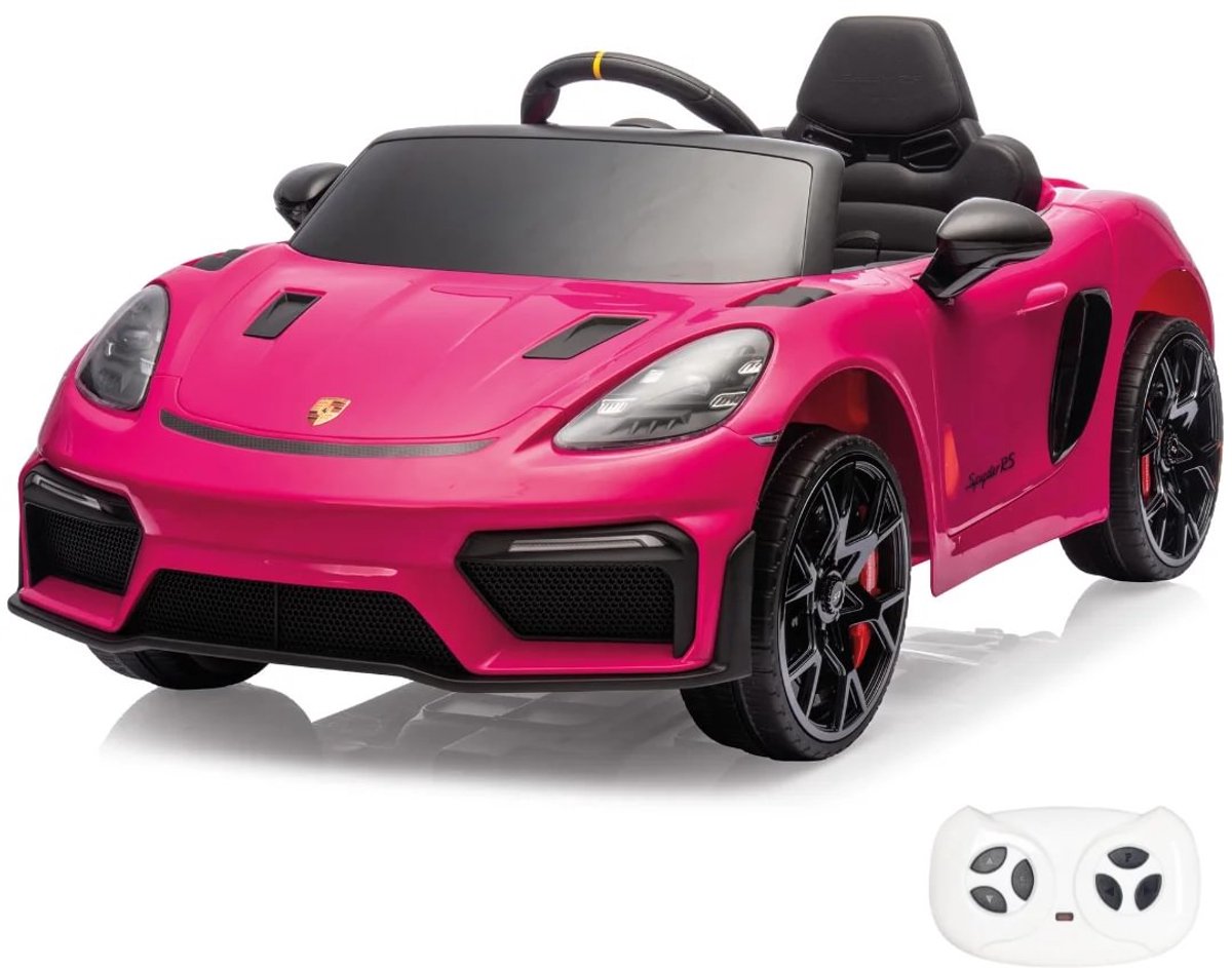 Porsche 718 Spyder RS 12V Elektrische Kinderauto 1 tot 5 jaar – Officieel Gelicentieerd met Vernieuwde Li-ion Accu – Luxe Sportwagen met Afstandsbediening & Bluetooth – Roze