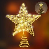 Kerstboom piek-Verlichte Piek-25 cm gouden glitterkerstboomtopper met 20 ledlampjes - werkt op batterijen of USB - voor kerstboomversieringen en nieuwjaarsdecoraties