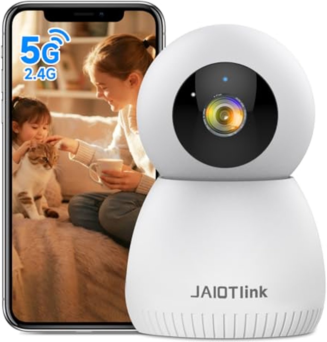 JAIOTlink 2K indoor beveiligingscamera voor babyfoon, 5G en 2,4G WiFi-beveiligingscamera's voor huisdieren voor thuis met 360° Pan&Tilt, Nachtzicht, Bewegingsdetectie, 2-weg audio, SD- of cloudopslag,
