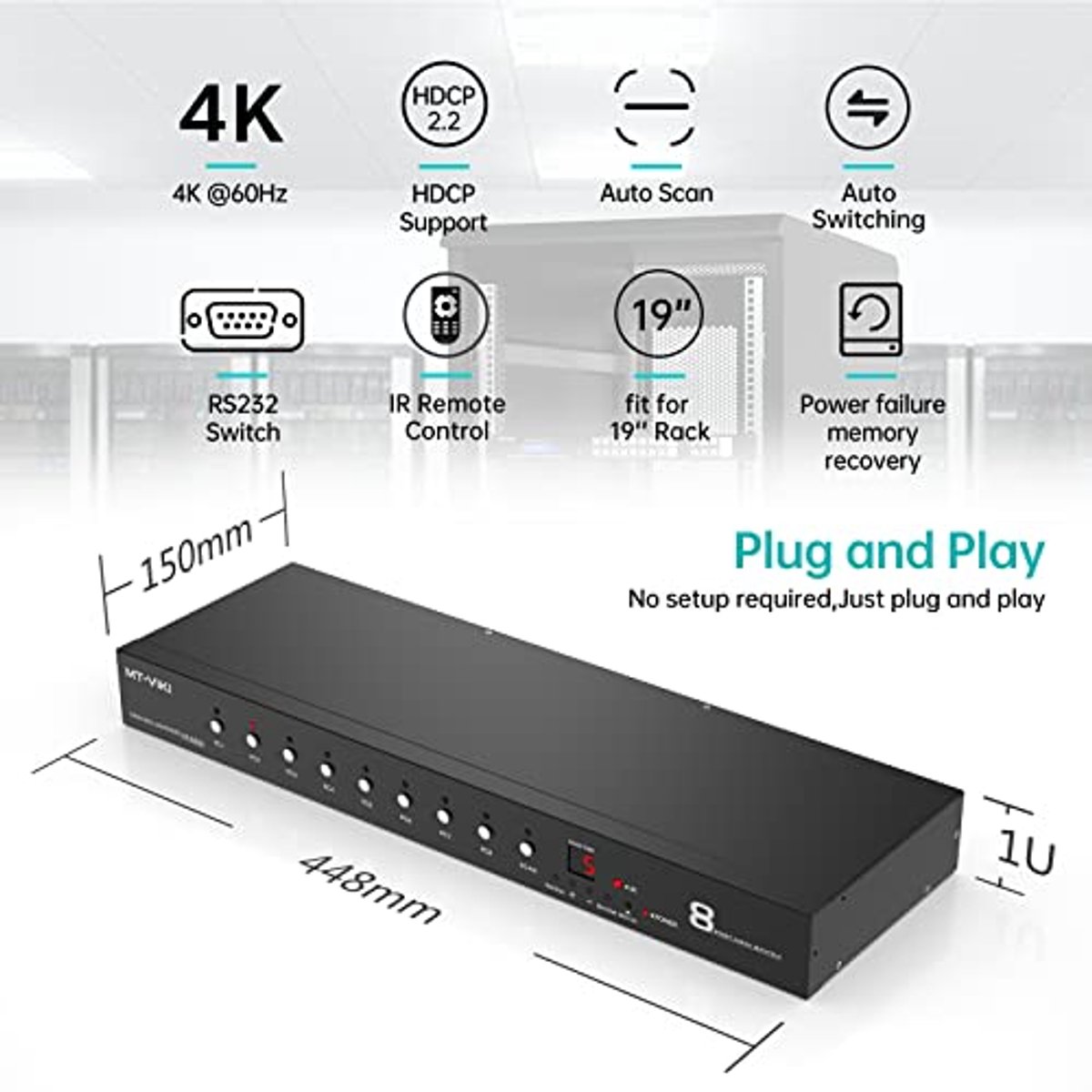 MT-VIKI 4K60Hz 8-poorts HDMI-schakelaar 8 in 1 uit met IR-afstandsbediening Auto Scan 1U Rackmount HDR HDCP2.2 RS-232 4:4:4
