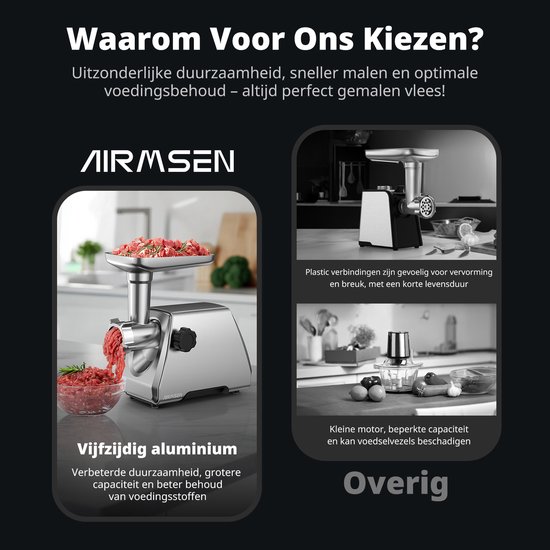 AIRMSEN Elektrische Vleesmolen - RVS - 3 Plaatjes - 2 Messen -Kubbe-set - Snel - Stil en Makkelijk Schoon te Maken van AIRMSEN — afbeelding 3