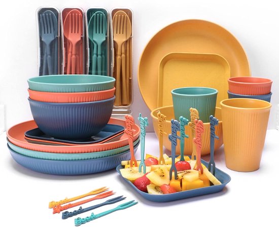 Camping Servies Set 56-Delig - herbruikbare & onbreekbare serviesset in 4 kleuren is geschikt voor familie-diners,picknick en kamperen en dagelijks gebruik van Merkloos — afbeelding 2