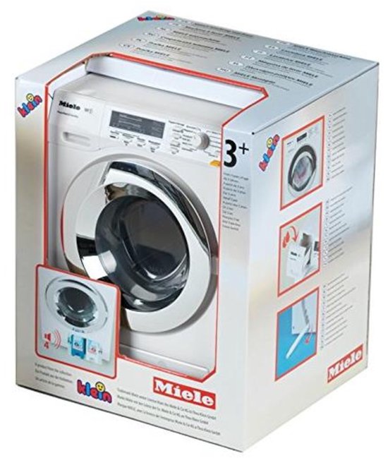 Klein Toys Miele wasmachine - 18,5x26x18 cm - incl. roterende trommel, watertoevoer, waterafvoer en geluidseffecten - wit