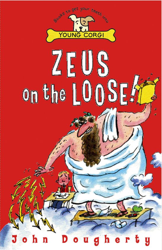 Boek "ZEUS on the LOOSE!" met een tekening van Zeus, die vanaf een wolk gouden munten gooit en een jongen die aan een bureau zit te lezen.