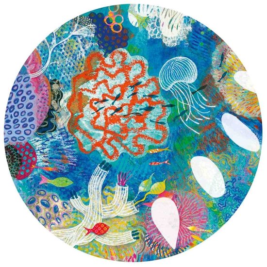 Een ronde illustratie met een zeegezicht, compleet met koraal, vissen en kwallen, uit de Djeco Puzz'Art 350 stukjes collectie.