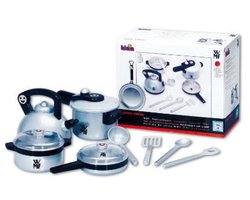 Klein Toys WMF pannenset – fluitketel, snelkookpan, koekenpan, braadpan met deksel en hoogwaardig speelgoedkeukengerei – grijs zwart