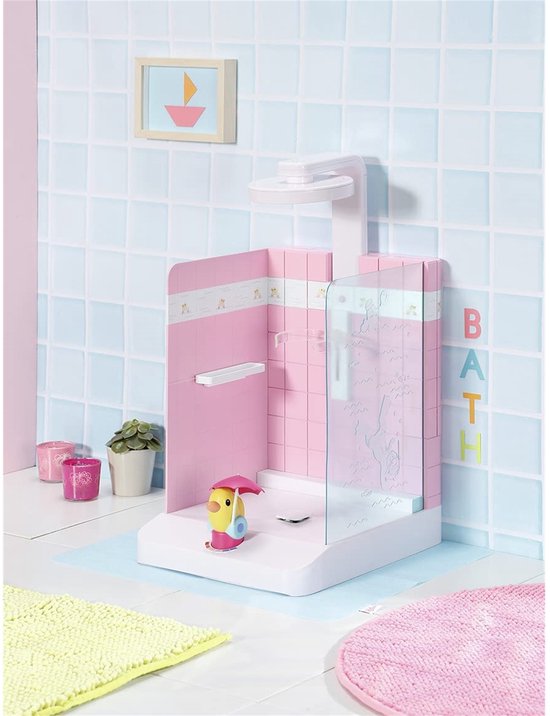 Roze BABY born douche met gele eendjes, accessoires en de tekst 'BATH'.